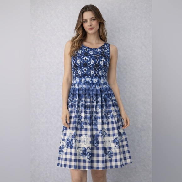 Talbots Dresses & Skirts - Talbots Petite 4P Blue Floral Gingham Fit Flare Midi Dress